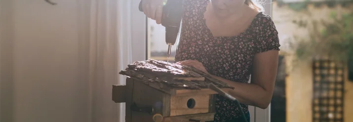 Person baut mit Akkuschrauber ein Vogelhaus